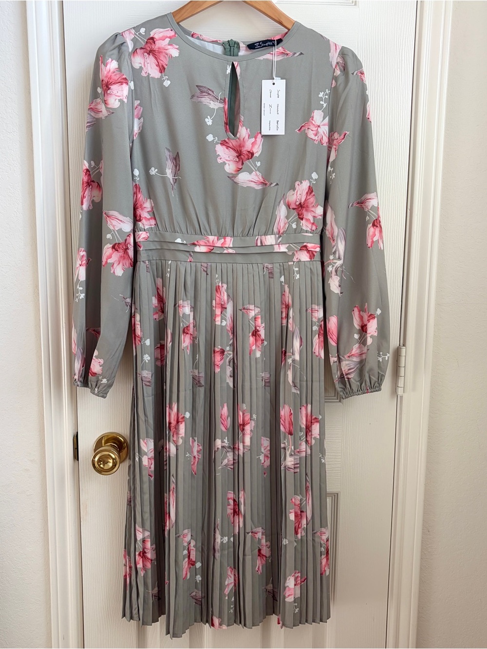 Simple Sage Pleated Midi Dress with Pink Floral Print